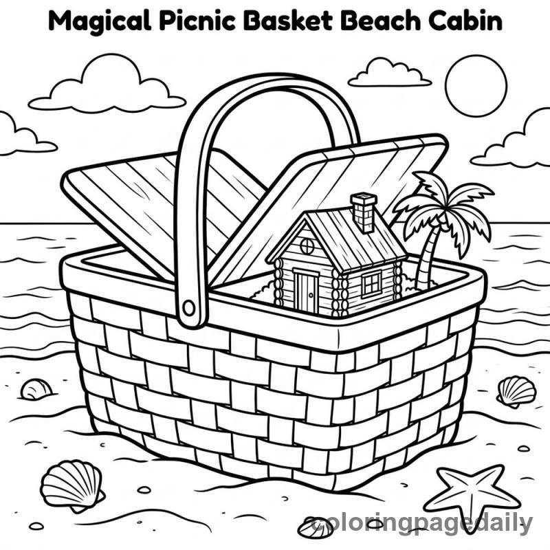 Magical Picnic Basket Beach Cabin - Daily printable coloring page in Scenery category