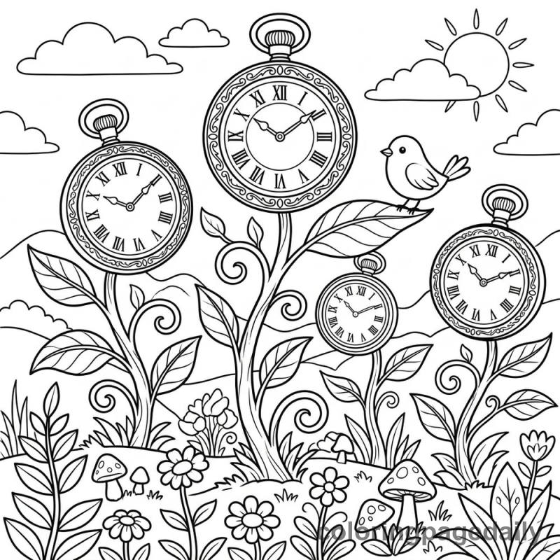 Magical Pocket Watch Garden - Daily printable coloring page in Scenery category