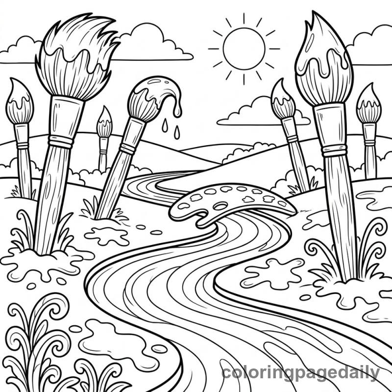 The Magical Rainbow Paint River - Daily printable coloring page in Scenery category