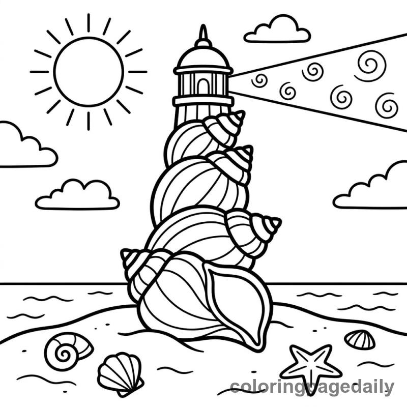 Magical Seashell Beach Lighthouse - Daily printable coloring page in Scenery category
