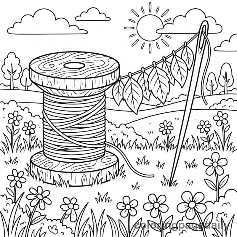 Magical Spool And Needle - Daily printable coloring page in Scenery category