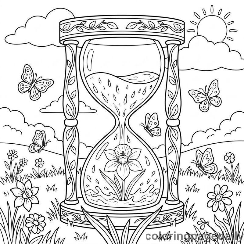 Magical Spring Rain Hourglass - Daily printable coloring page in Scenery category