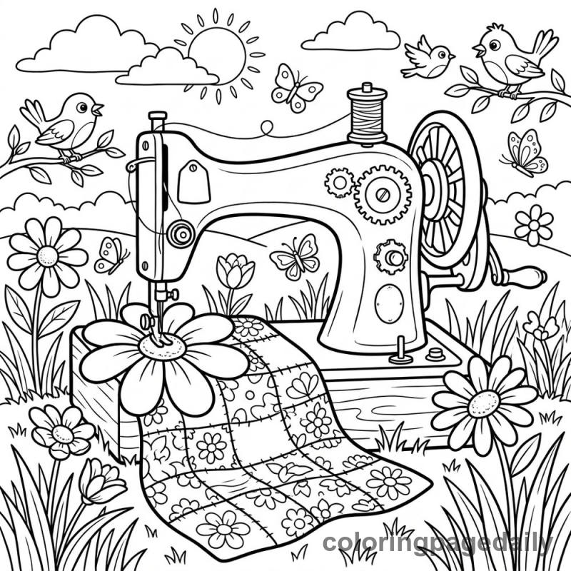 Magical Spring Sewing Machine - Daily printable coloring page in Scenery category