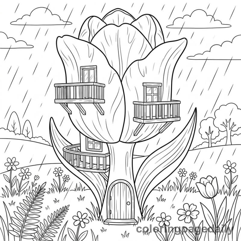 Magical Spring Tulip House - Daily printable coloring page in Scenery category