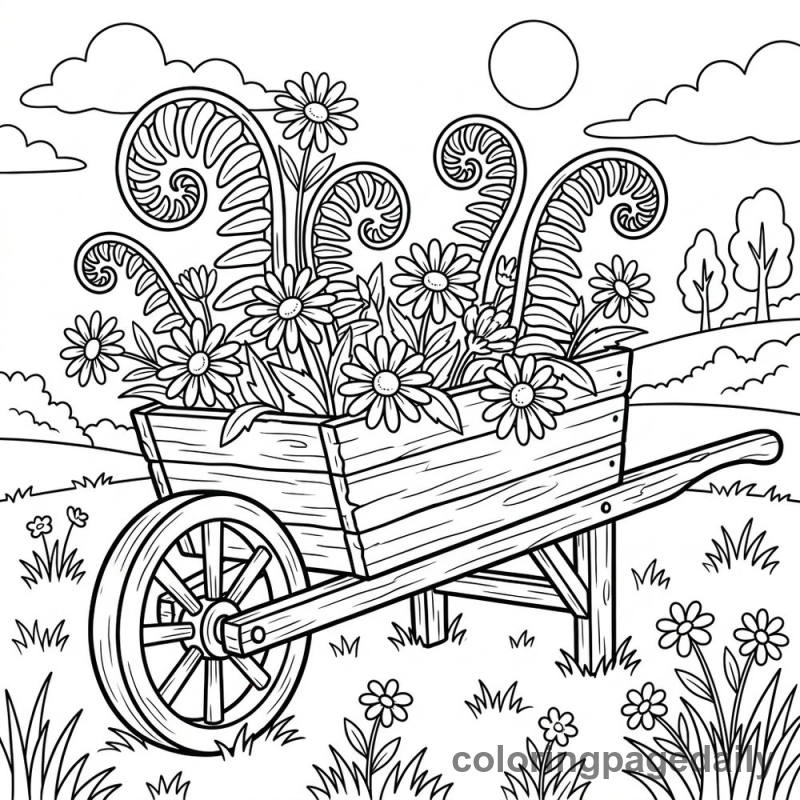 Magical Spring Wheelbarrow Garden - Daily printable coloring page in Scenery category