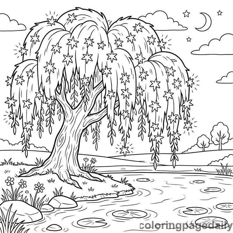 Magical Star-Leaf Willow Tree - Daily printable coloring page in Scenery category