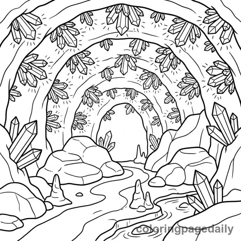 The Magical Starry Crystal Cave - Daily printable coloring page in Scenery category