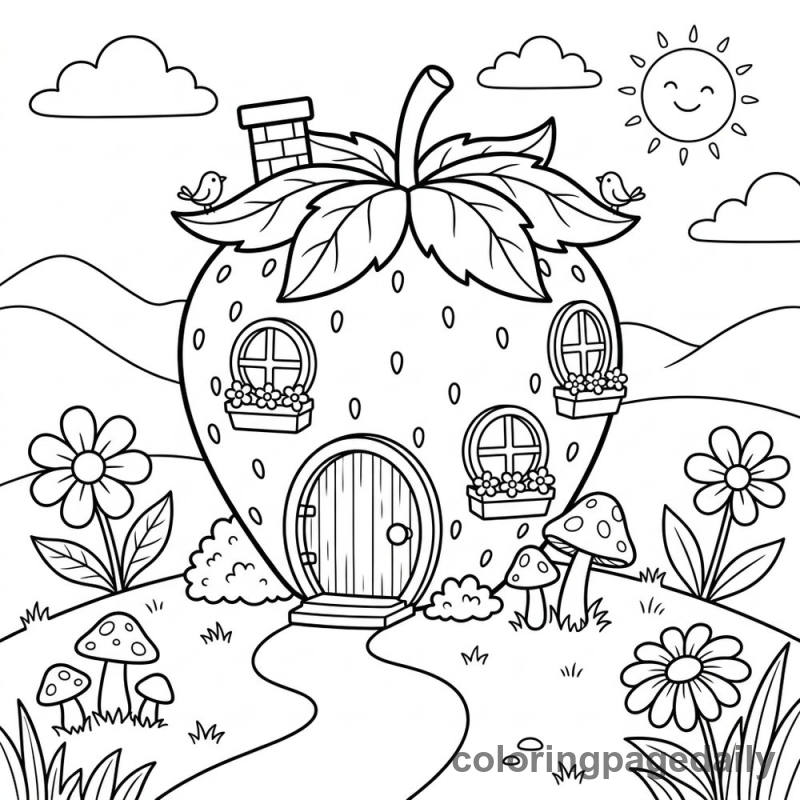 Magical Strawberry House - Daily printable coloring page in Scenery category