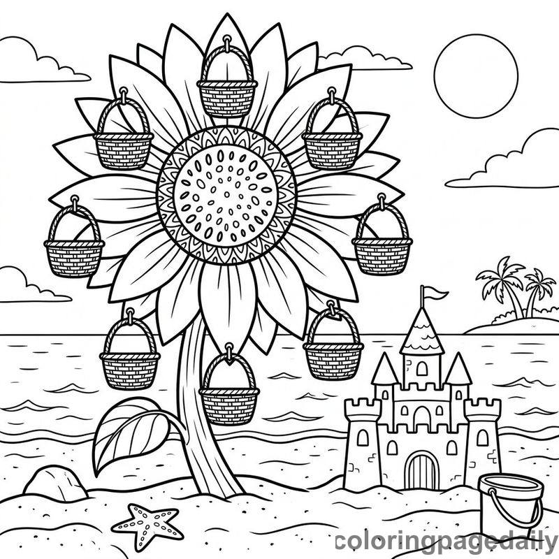 Magical Sunflower Beach Ferris Wheel - Daily printable coloring page in Scenery category