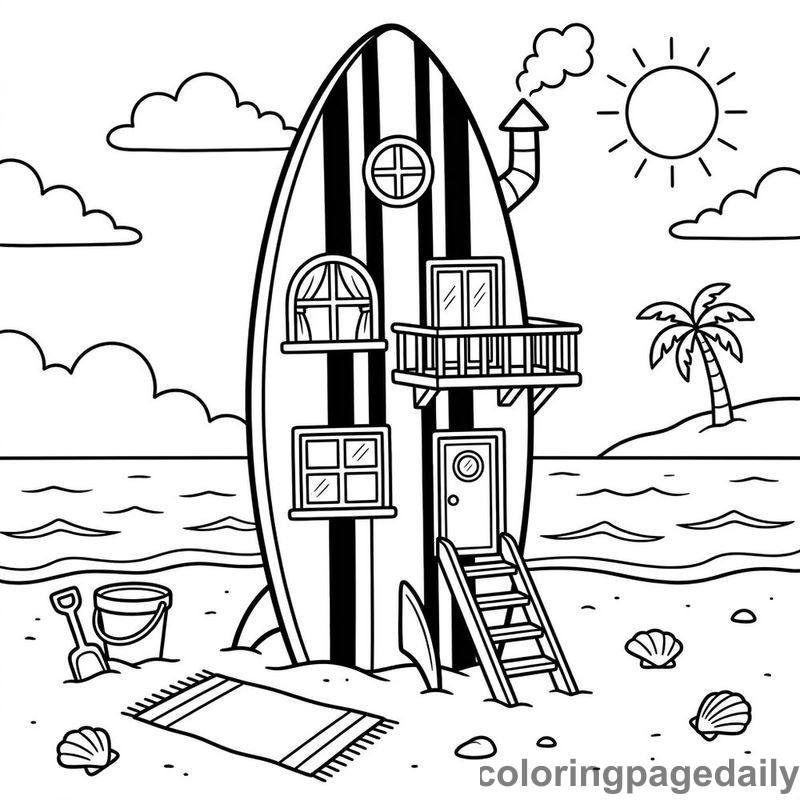The Secret Life of the Giant Surfboard House - story illustration coloring page