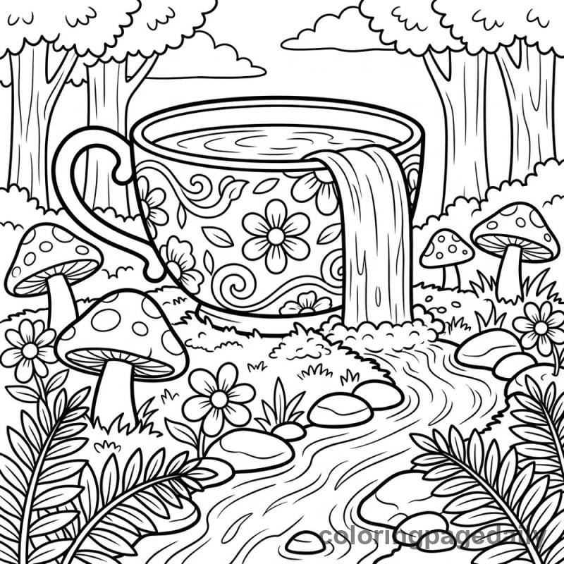 Magical Teacup Waterfall - Daily printable coloring page in Scenery category