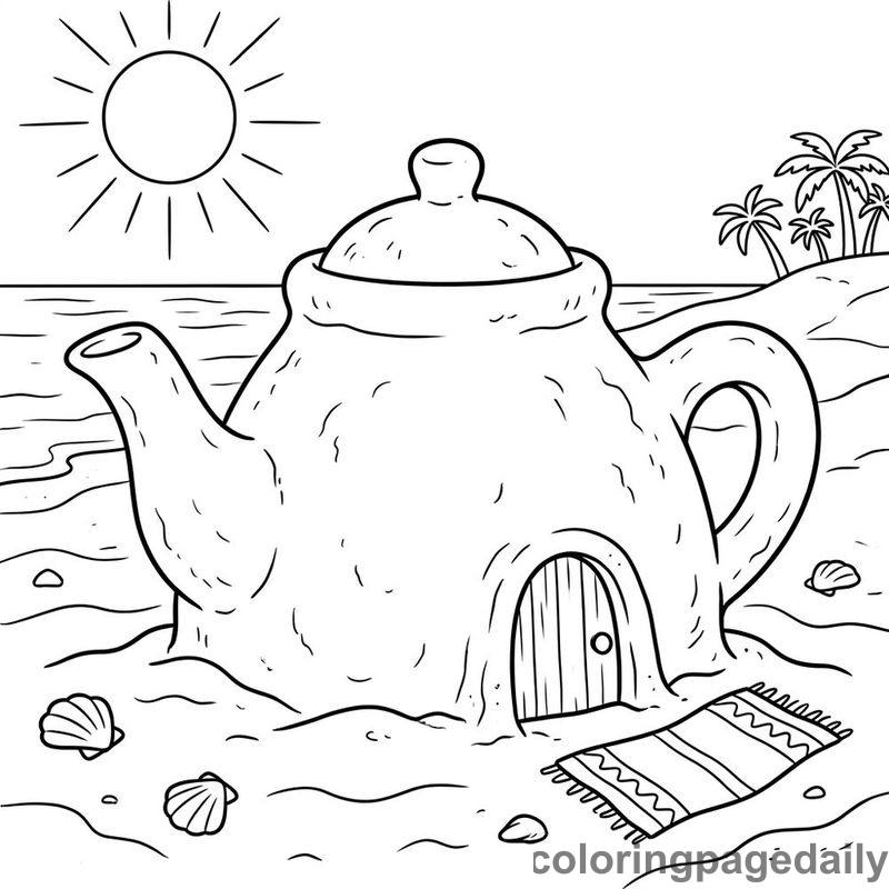 Magical Teapot Beach Sandcastle - Daily printable coloring page in Scenery category