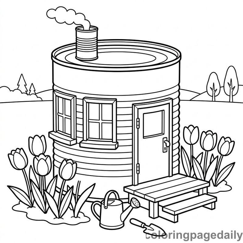 Magical Tin Can Shed - Daily printable coloring page in Scenery category