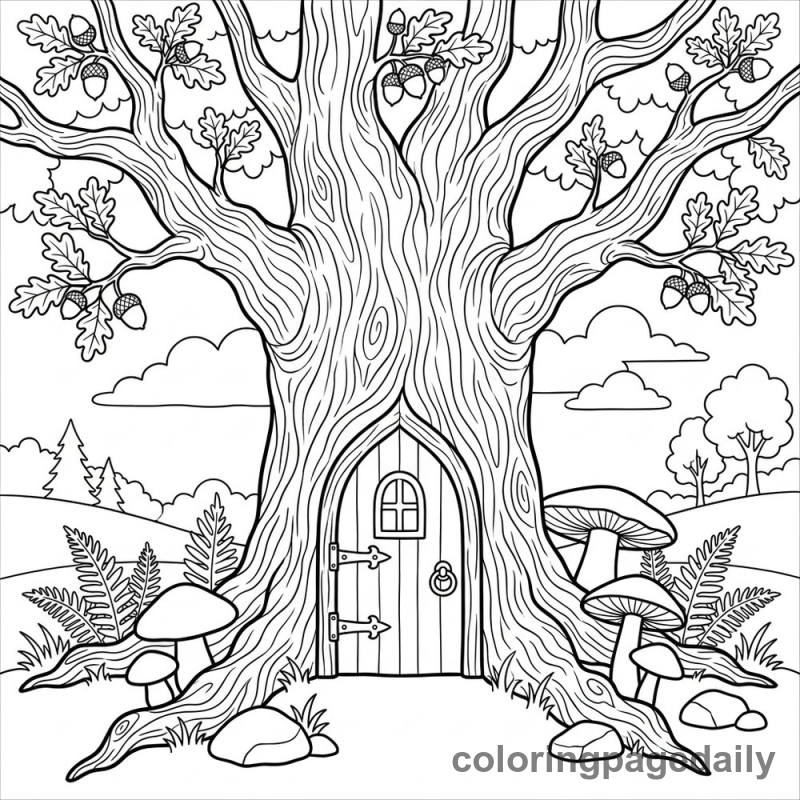 Magical Tree Door - Daily printable coloring page in Scenery category