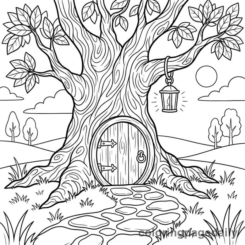 The Welcoming Tree Door - Daily printable coloring page in Scenery category