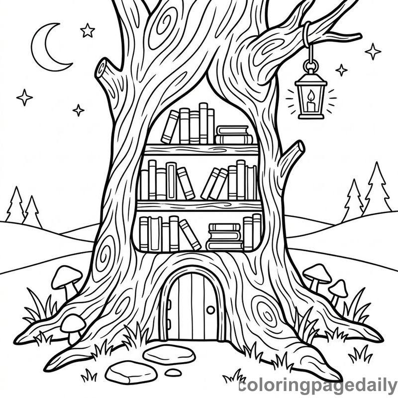 Magical Tree Library - Daily printable coloring page in Scenery category