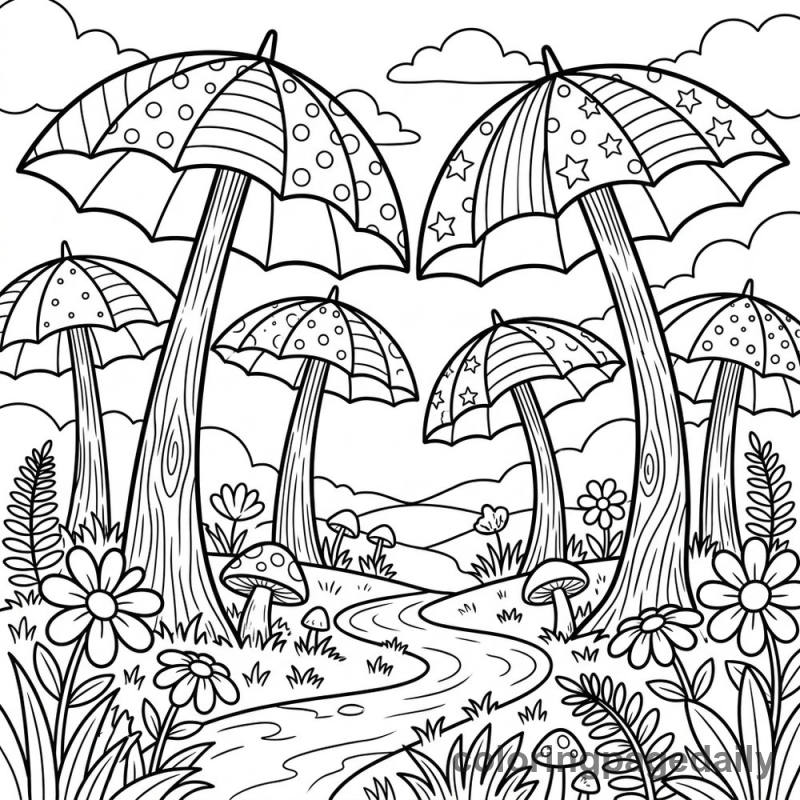 Magical Umbrella Forest - Daily printable coloring page in Scenery category