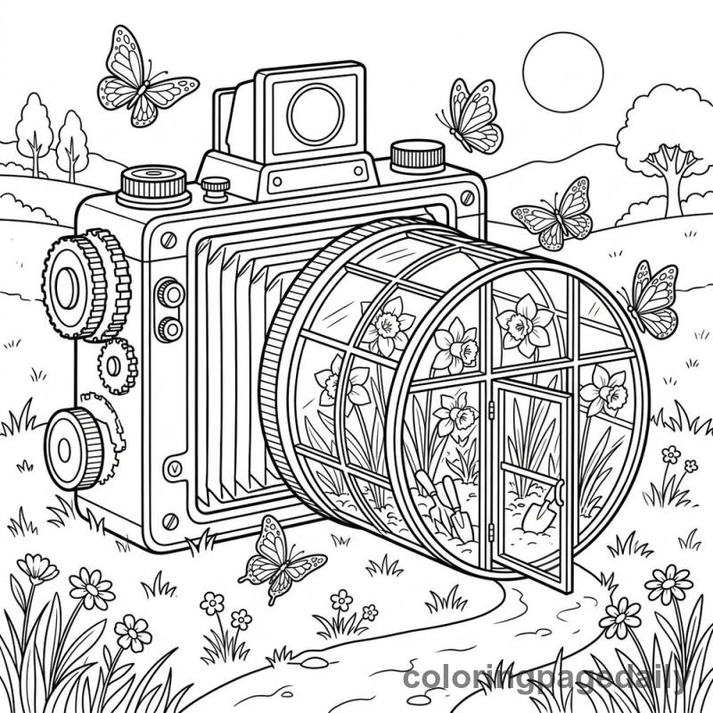 Magical Vintage Camera Greenhouse - Daily printable coloring page in Scenery category