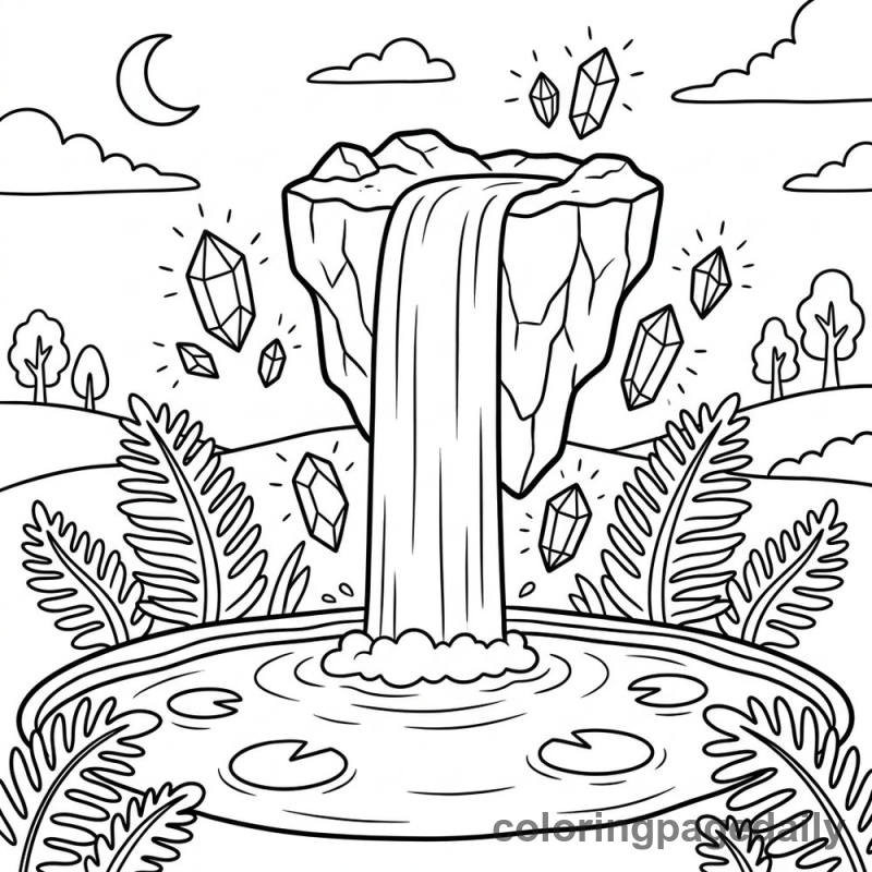 Magical Waterfall Scene - Daily printable coloring page in Scenery category
