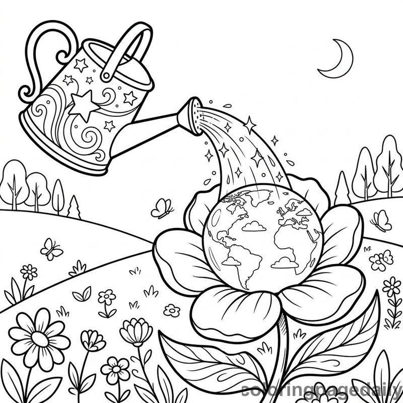 Magical Watering Can Earth Flower - Daily printable coloring page in Scenery category