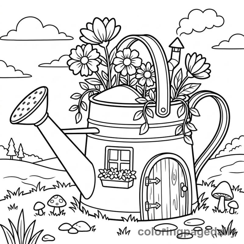 Magical Watering Can Home - Daily printable coloring page in Scenery category