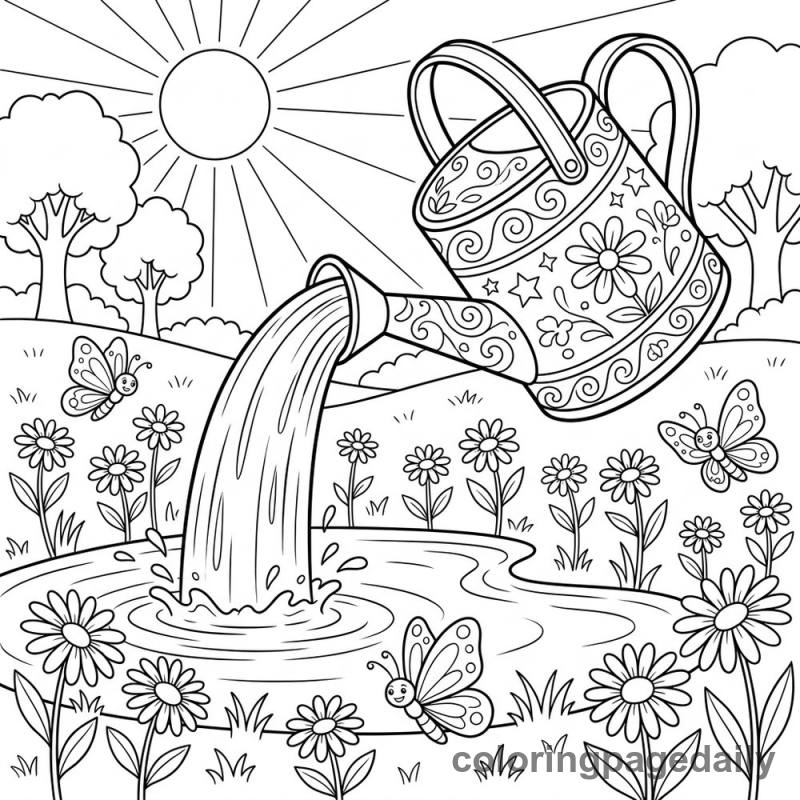 Magical Watering Can Waterfall - Daily printable coloring page in Scenery category