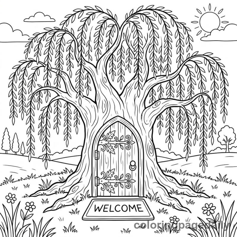 Magical Willow Tree Door - Daily printable coloring page in Scenery category
