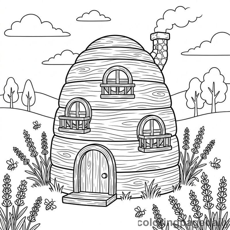 Magical Wooden Beehive House - Daily printable coloring page in Scenery category