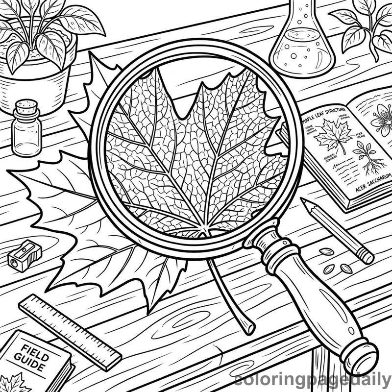 Magnifying Glass Inspecting Leaf - Daily printable coloring page in Robots and STEM category