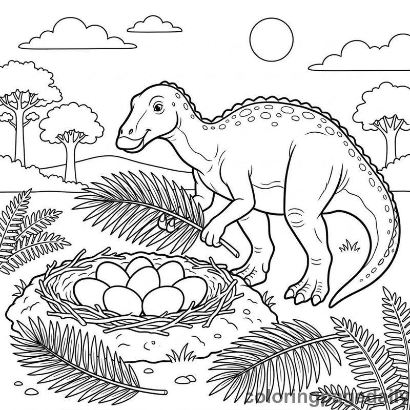 Maiasaura Arranging Nest Leaves - Colored reference example