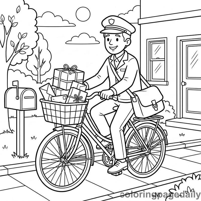 Mail Carrier Delivery Bicycle - Daily printable coloring page in Professions category