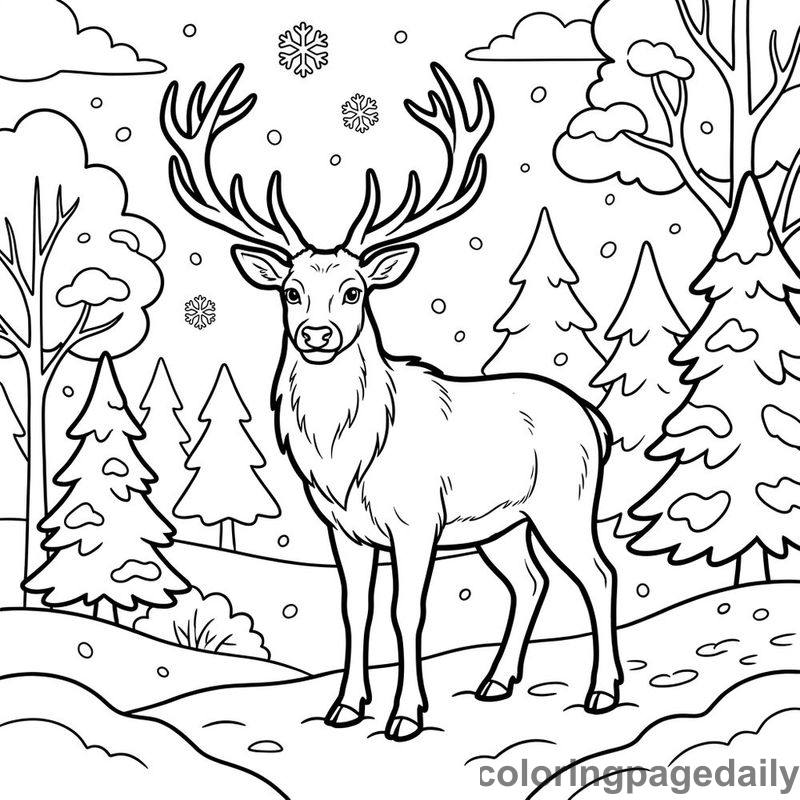 Majestic Elk In Winter - Daily printable coloring page in Winter and Snow Season category