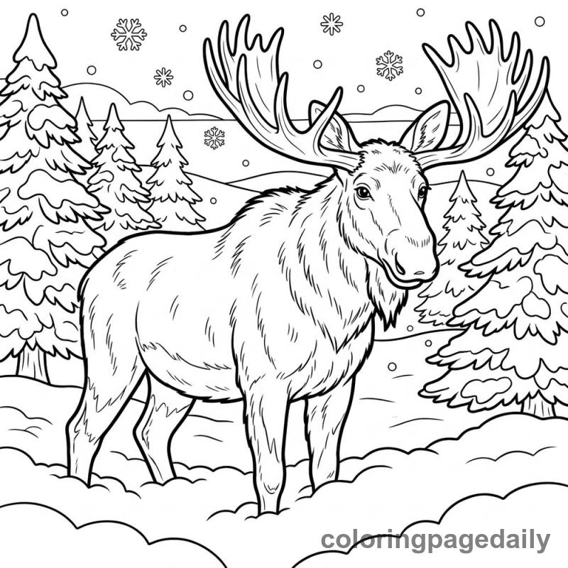 Majestic Moose in Snow - Daily printable coloring page in Winter and Snow Season category