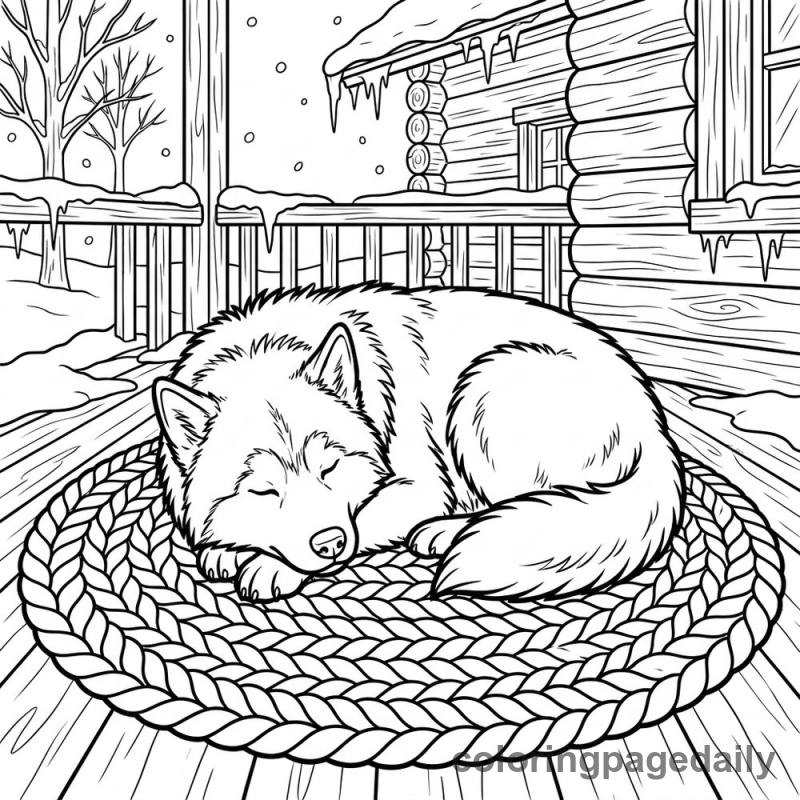 Malamute Sleeping On Porch - Daily printable coloring page in Winter and Snow Season category