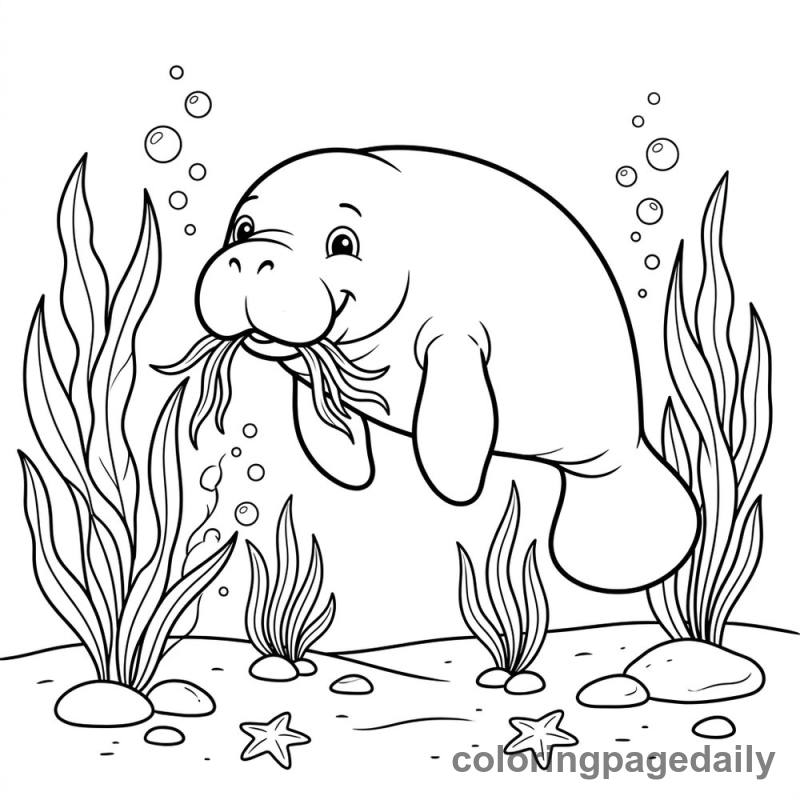 Manatee Eating Seagrass - Colored reference example
