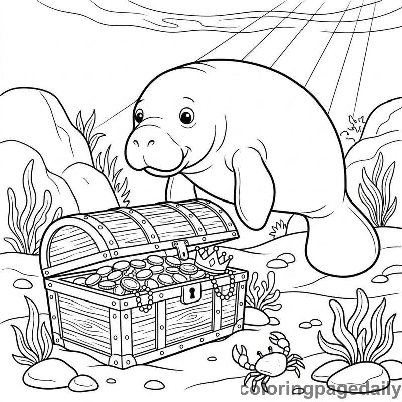 Manatee Exploring Treasure Chest - Daily printable coloring page in Ocean and Underwater Life category