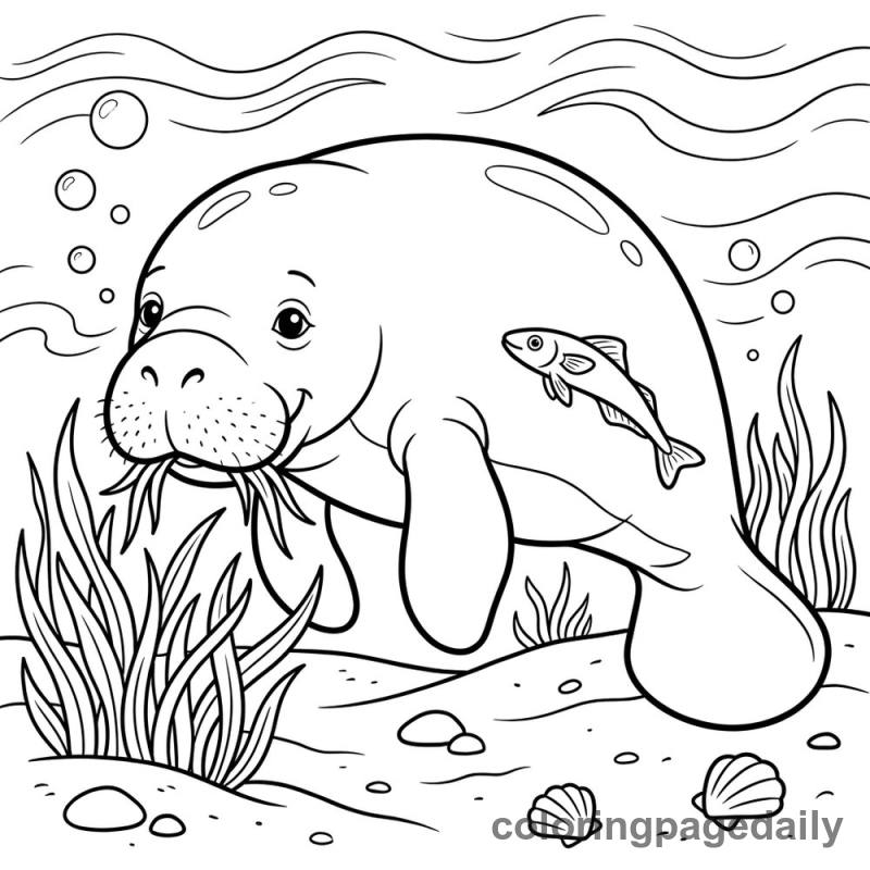 Manatee Grazing On Seagrass - Colored reference example