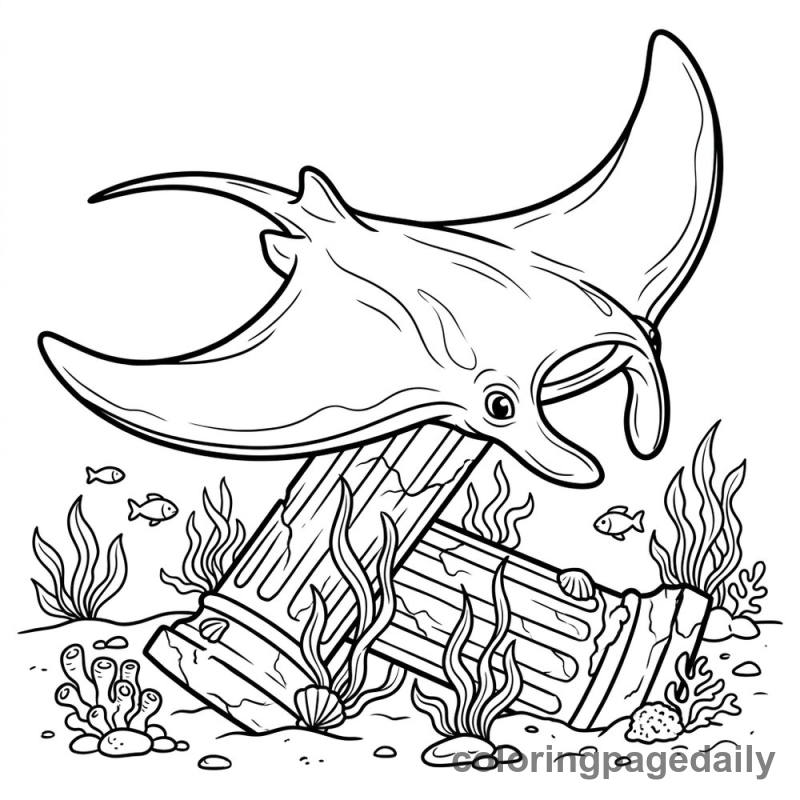 Manta Ray Exploring Ancient Column - Colored reference example