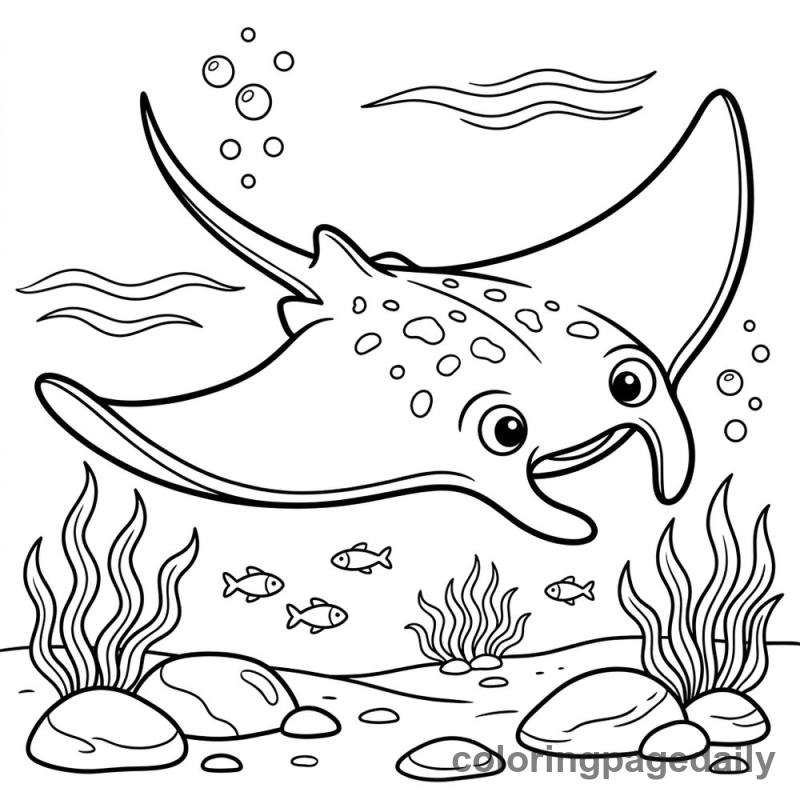 Manta Ray Gliding Through Water - Daily printable coloring page in Ocean and Underwater Life category