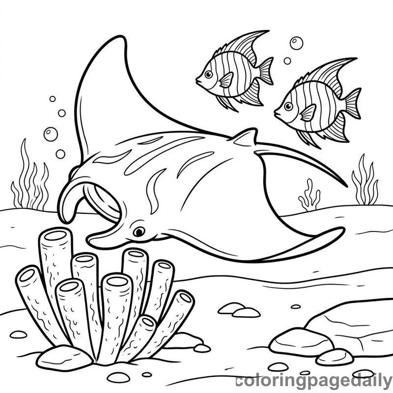Manta Ray And Tube Sponges - Daily printable coloring page in Ocean and Underwater Life category