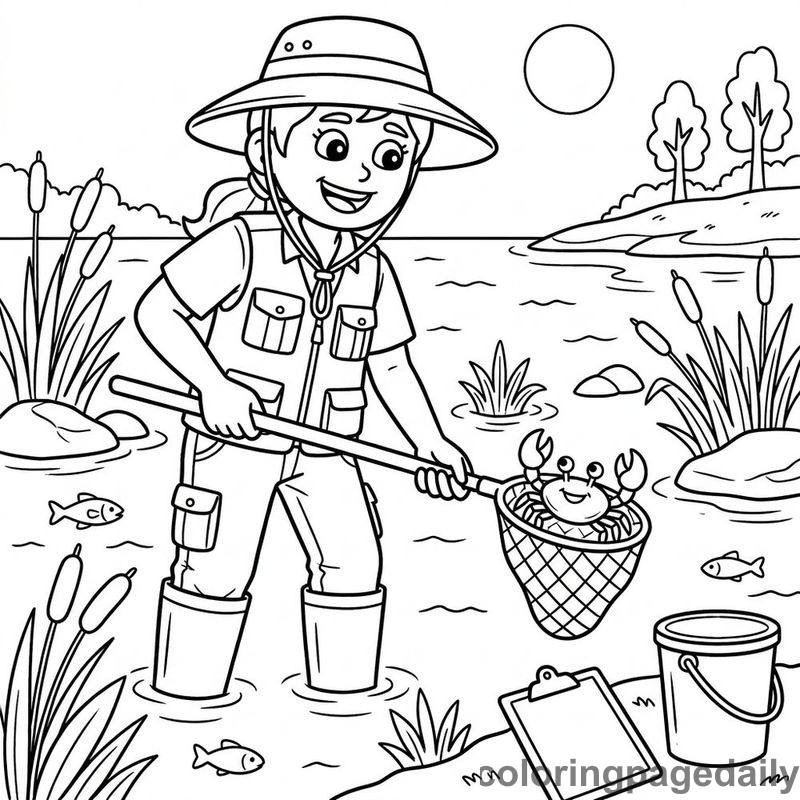 The Helpful Marine Biologist and the Tiny Marsh Crab - story illustration coloring page