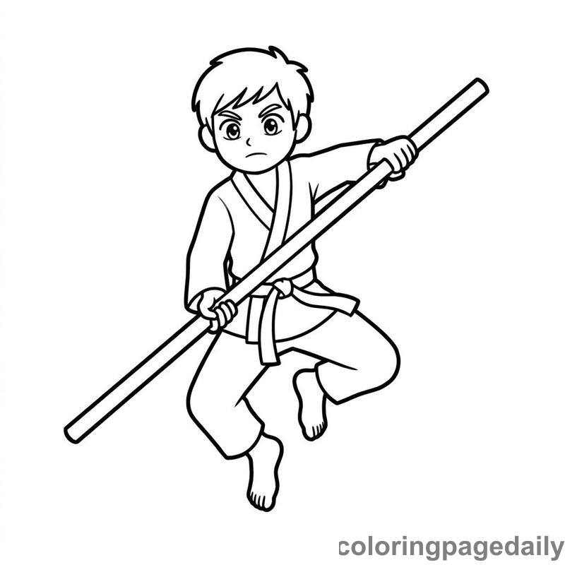 Martial Artist Spinning Staff - Daily printable coloring page in Sports category