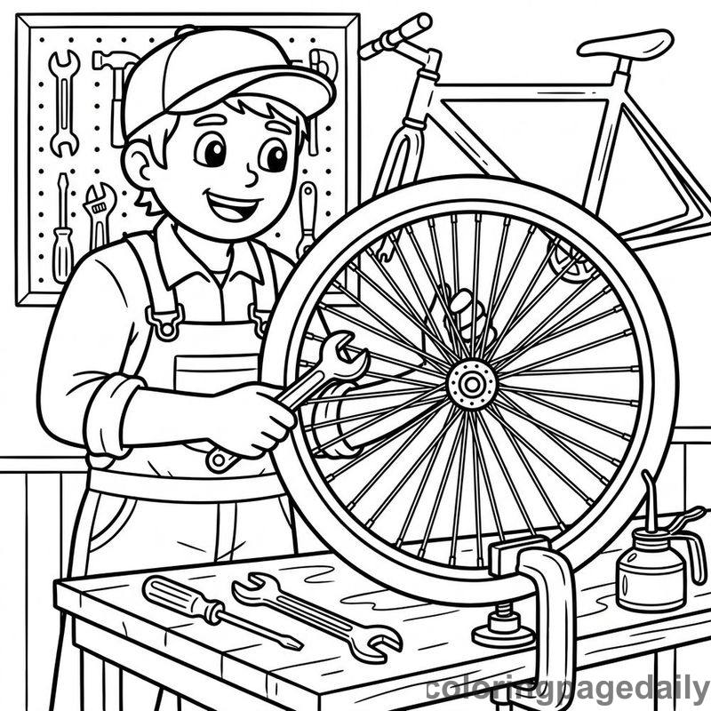 Mechanic Fixing Bicycle Wheel - Daily printable coloring page in Professions category