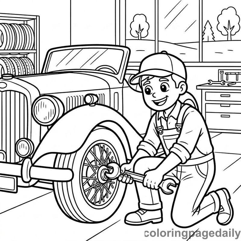 Mechanic Fixing Vintage Car - Daily printable coloring page in Professions category