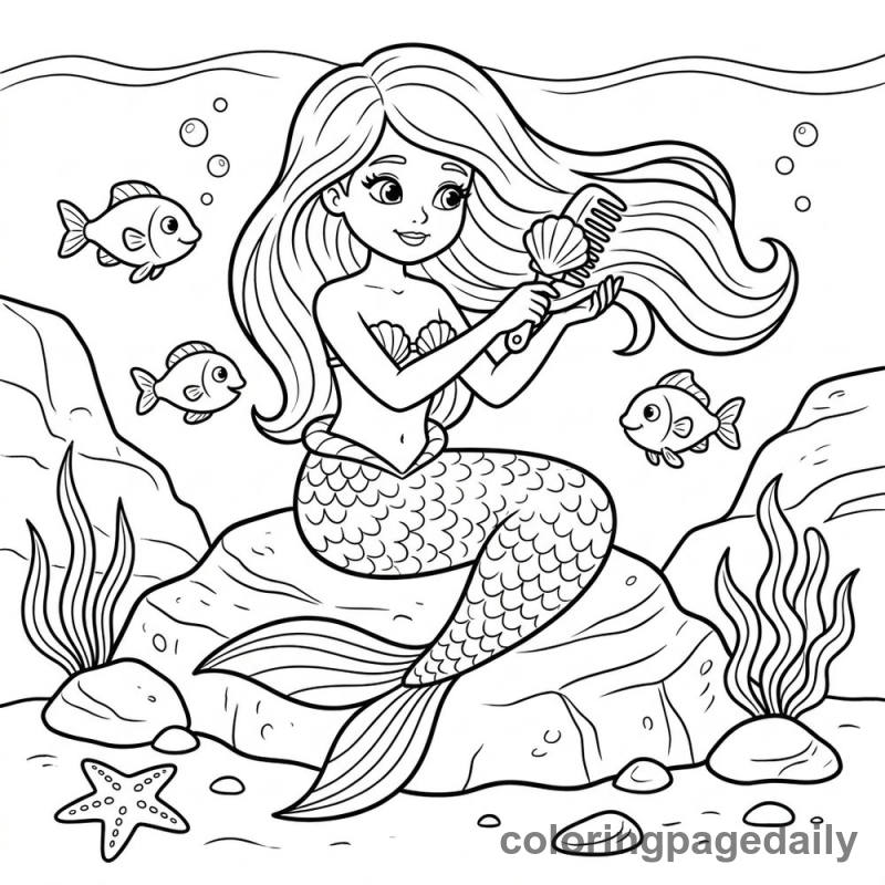Mermaid Brushing Hair - Daily printable coloring page in Ocean and Underwater Life category