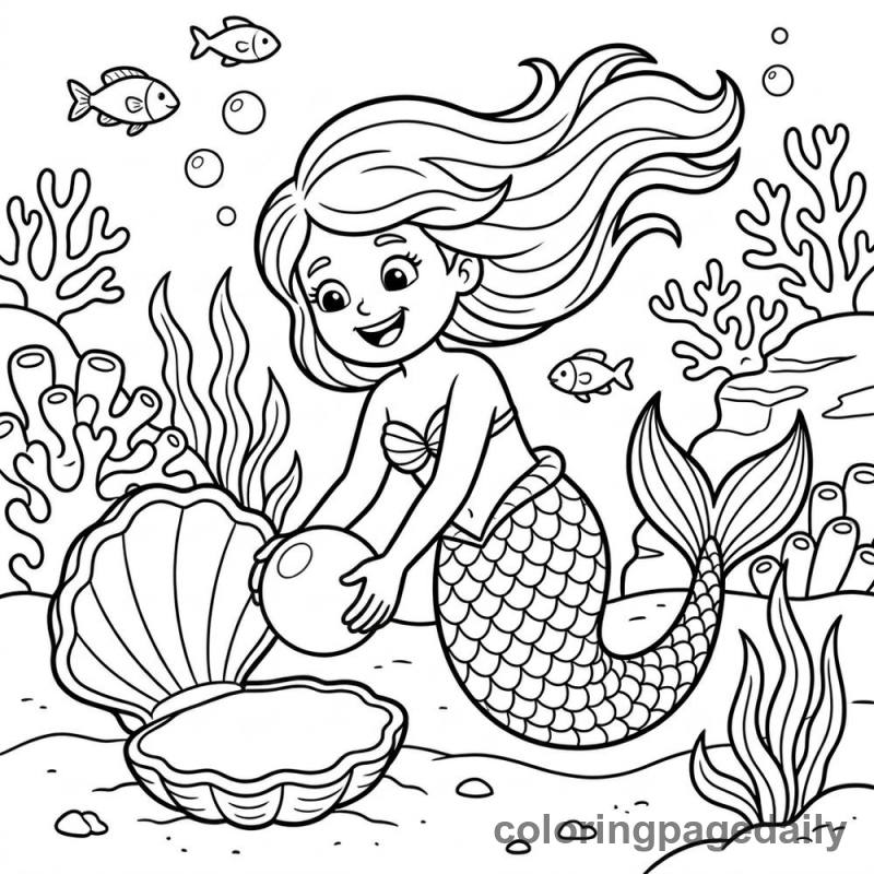 Mermaid Finds a Pearl - Daily printable coloring page in Ocean and Underwater Life category
