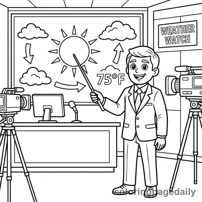 Meteorologist Reporting Weather - Daily printable coloring page in Professions category