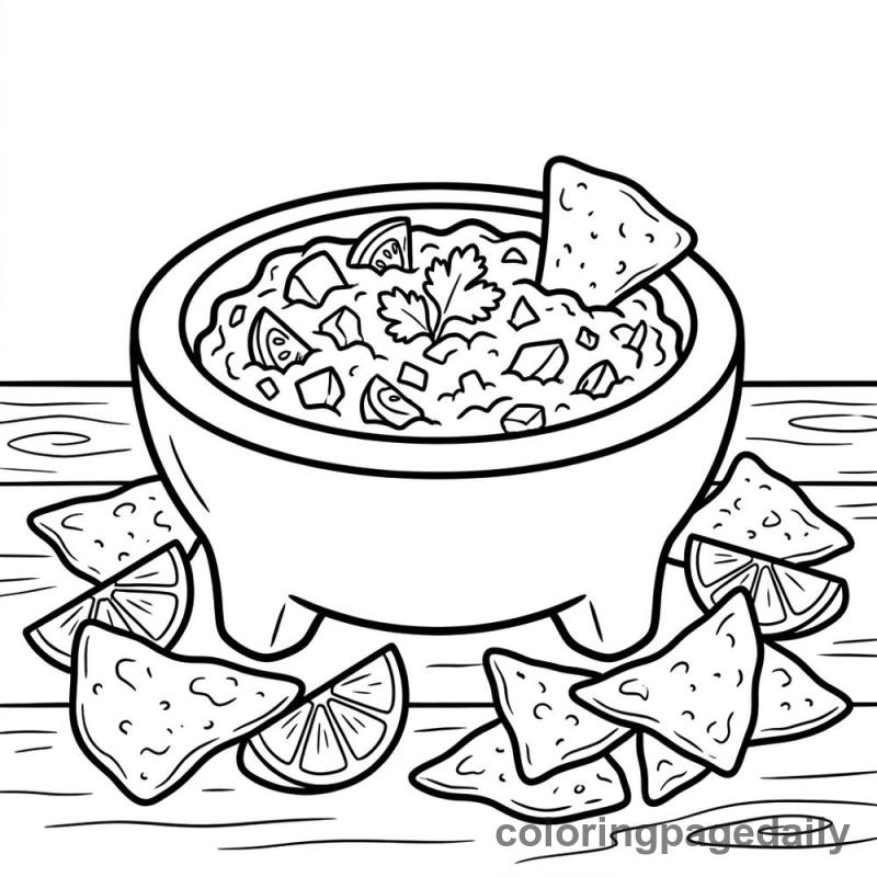 Mexican Guacamole and Chips - Daily printable coloring page in Food category