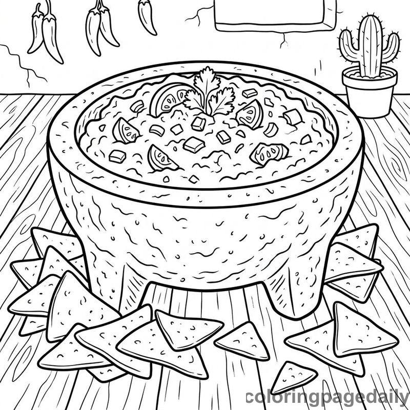 Mexican Guacamole And Tortilla Chips - Daily printable coloring page in Food category
