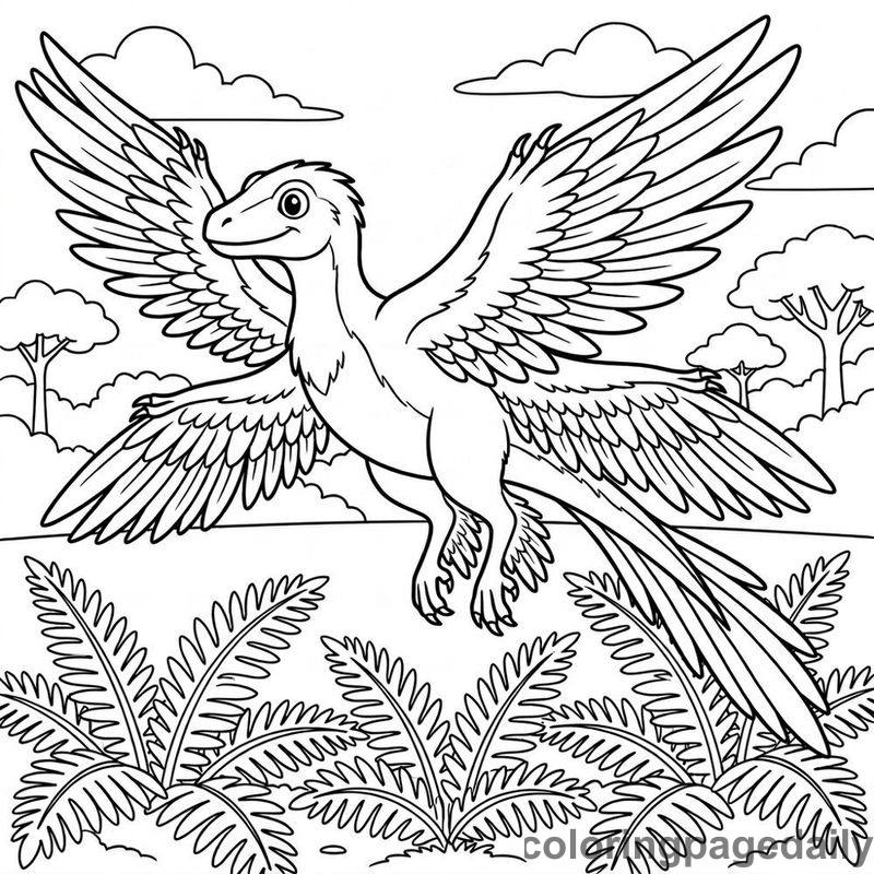 Microraptor Gliding Over Ferns - Daily printable coloring page in Dinosaur category